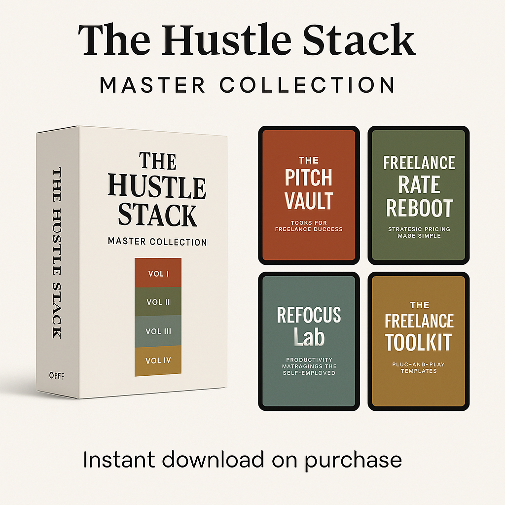 The complete hustle stack for freelancers—4 volumes of tools to help you build systems, streamline work, and grow your solo practice with purpose.